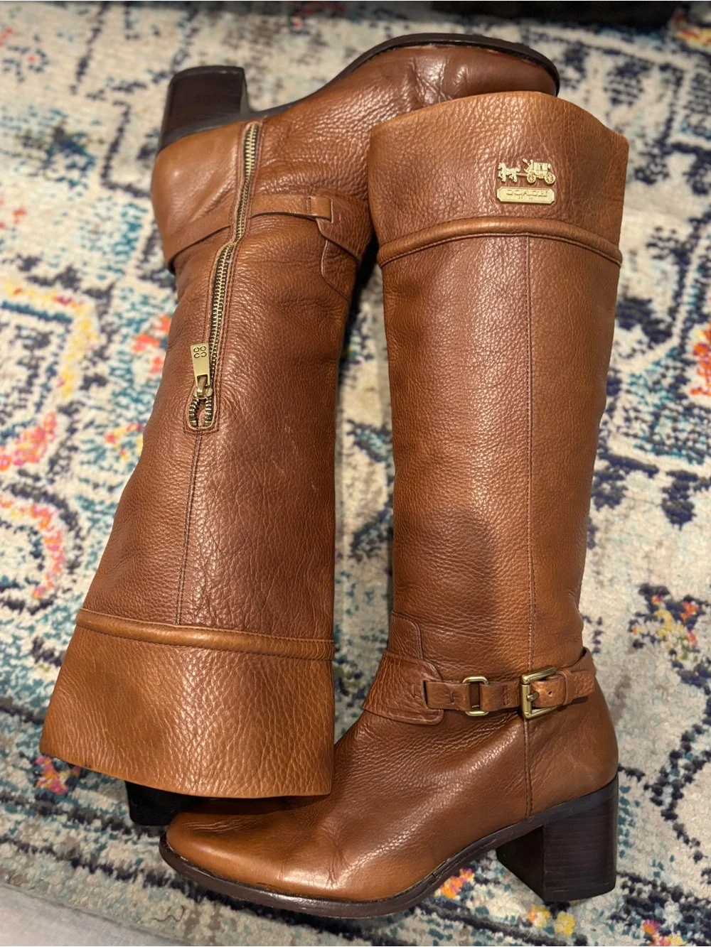 Coach Sapphire Chestnut Brown Leather Knee Boots with Gold Hardware. Size 9B
